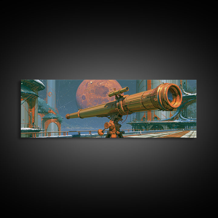 Brass Telescope Aimed at Copper Moon Canvas Print, Steampunk Art, Wall Art, Living Room Decor, Oil Painting, Mechanic, STE-3x1-88