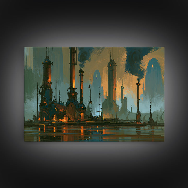 Steam Powered City Skyline Canvas Print, Steampunk Art, Wall Art Living Room, Living Room Decor, Abstract Art, Mechanic, STE-3x2-1
