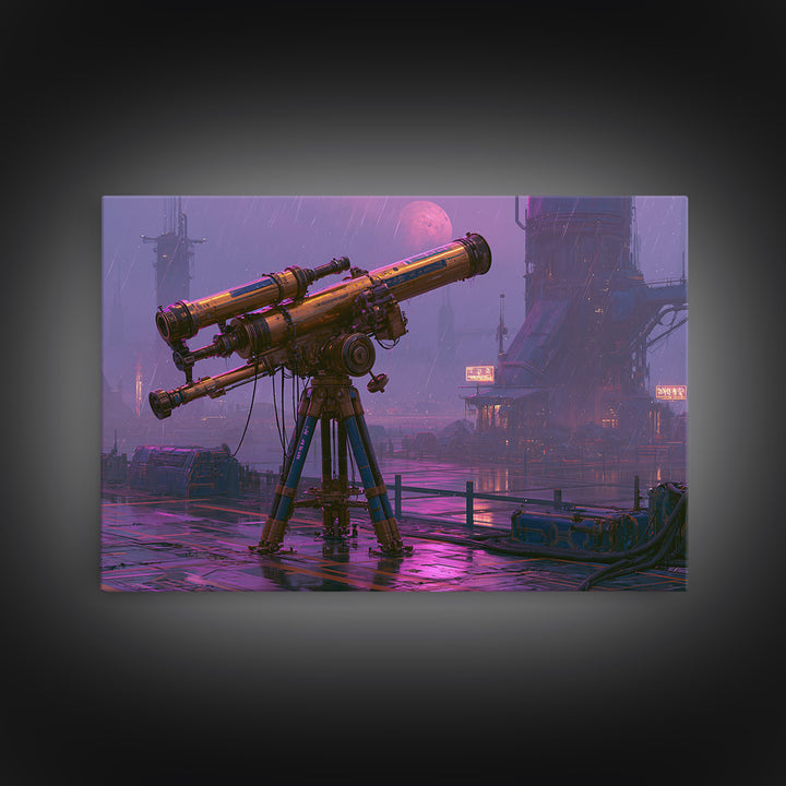 Brass Telescope Aimed at Copper Moon Framed Canvas Print, Steampunk Art, Wall Art, Living Room Decor, Oil Painting, Mechanic, STE-3x2-100