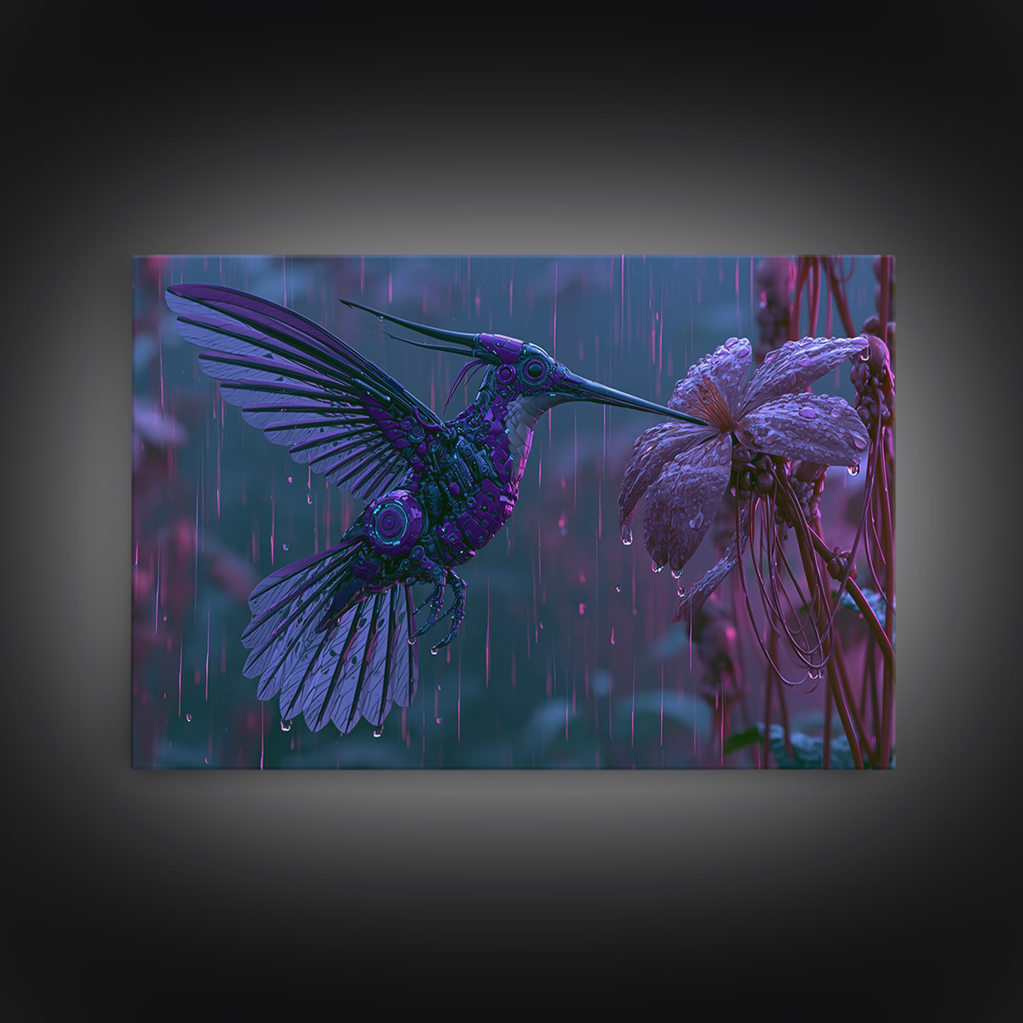 Mechanical Hummingbird Hovering Near Flower Canvas Print, Steampunk Art, Digital Download Art, Living Room Decor, Mechanic, STE-3x2-13