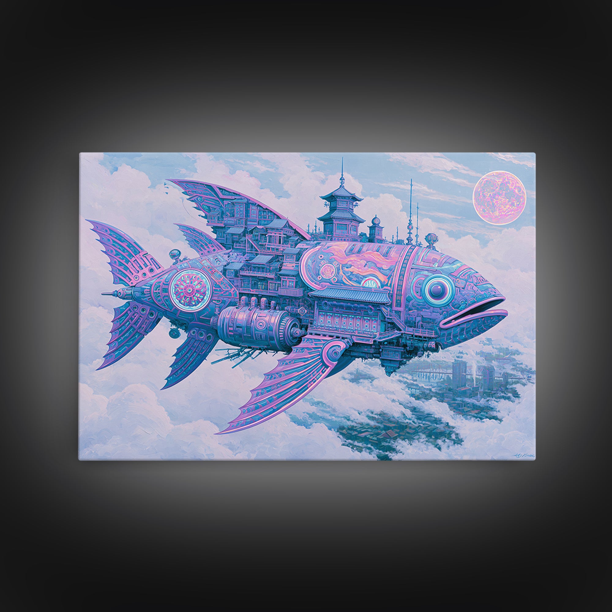 Mechanical Fish Swimming Through Clouds Framed Canvas Print, Steampunk Art, Art Nouveau, Living Room Decor, Fine Art, Mechanic, STE-3x2-2