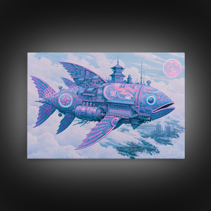 Mechanical Fish Swimming Through Clouds Framed Canvas Print, Steampunk Art, Art Nouveau, Living Room Decor, Fine Art, Mechanic, STE-3x2-2