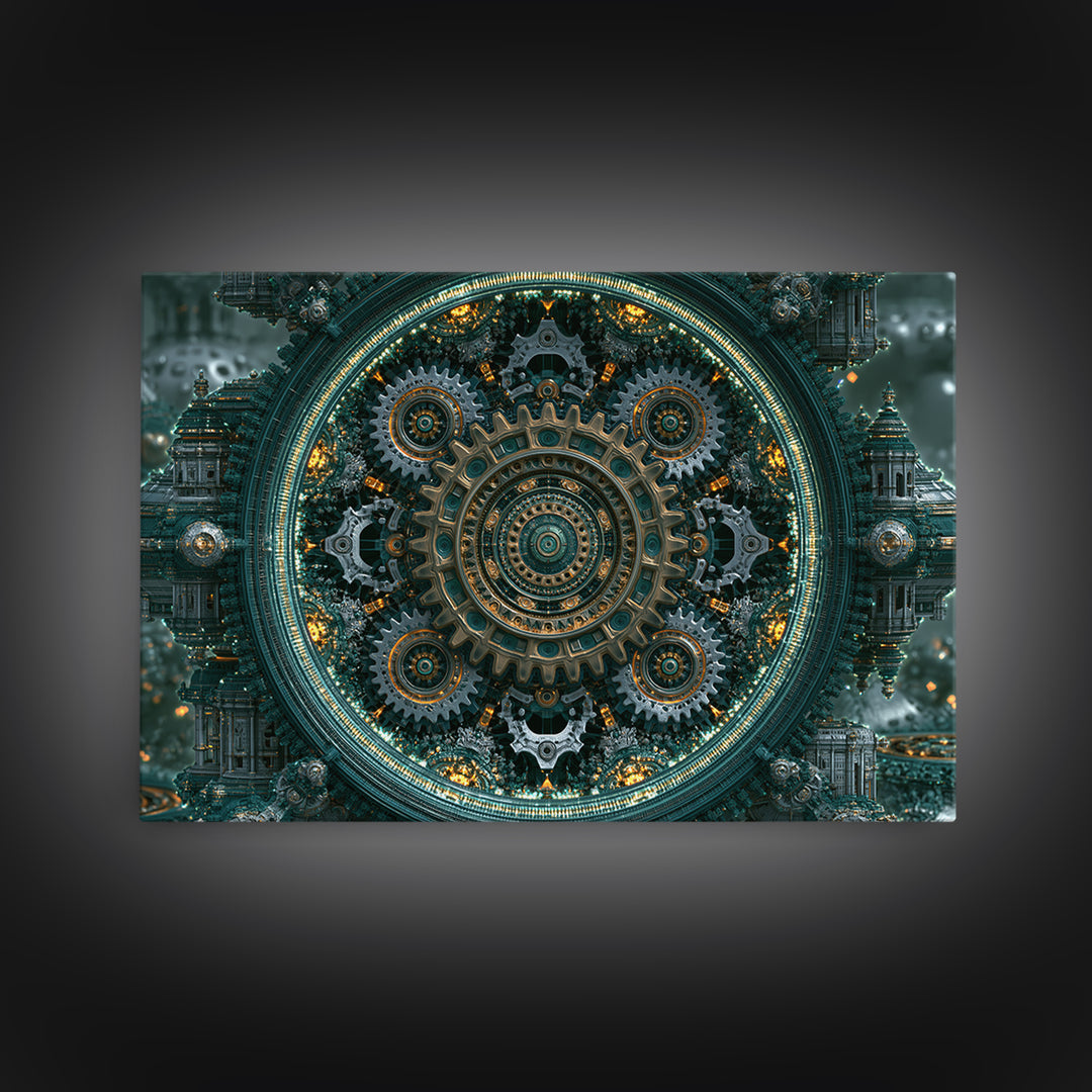 Cogwheel Mandala in Bronze and Teal Framed Canvas Print, Steampunk Art, Gothic Art, Living Room Decor, Fine Art, Mechanic, STE-3x2-20