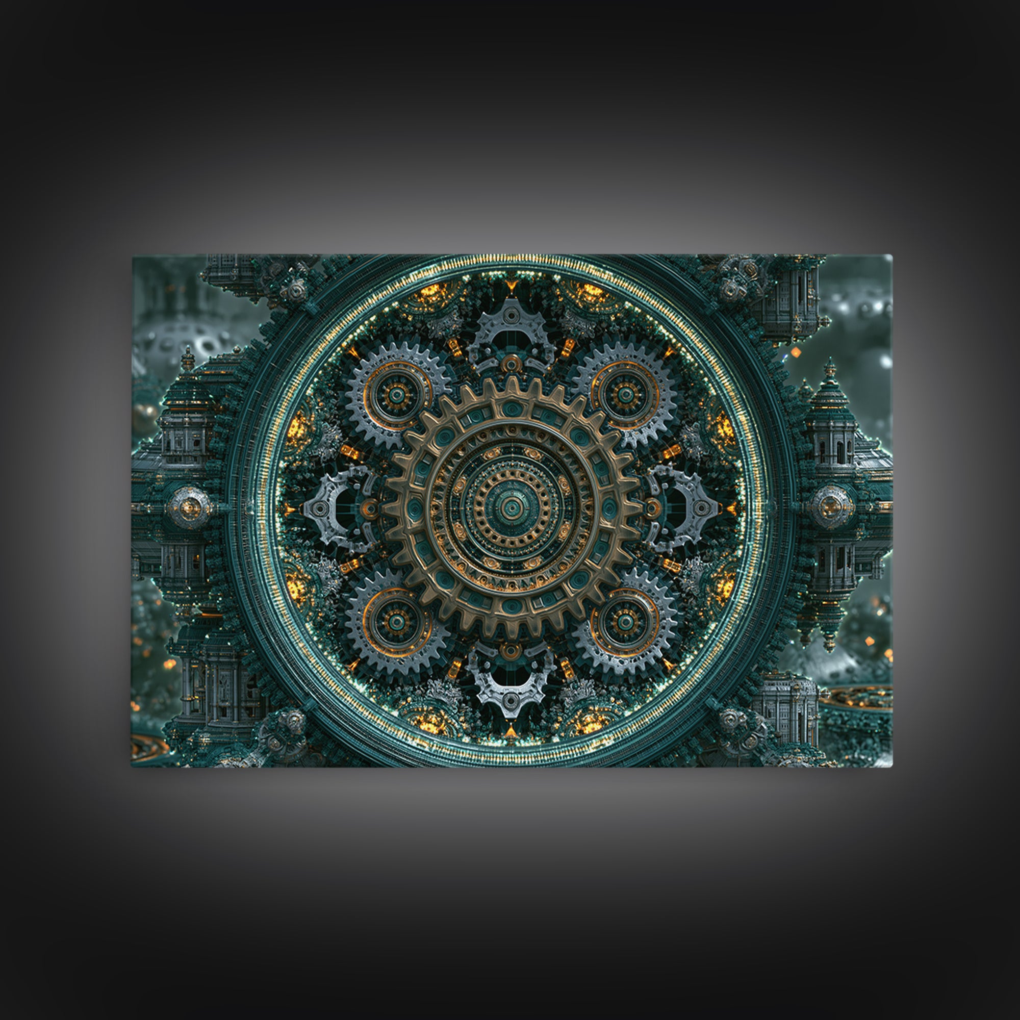 Cogwheel Mandala in Bronze and Teal Framed Canvas Print, Steampunk Art, Gothic Art, Living Room Decor, Fine Art, Mechanic, STE-3x2-20
