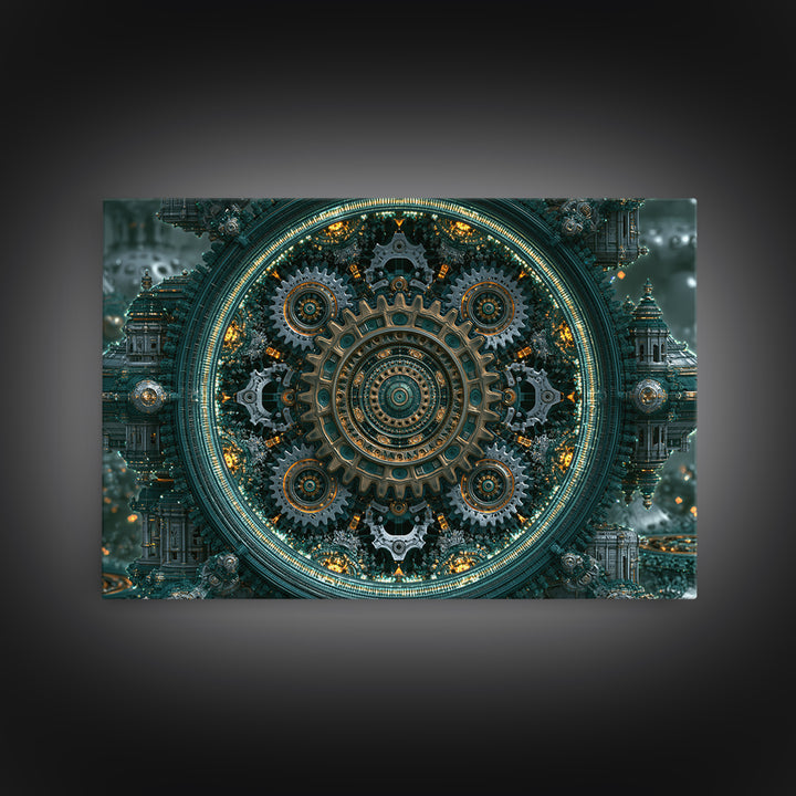 Cogwheel Mandala in Bronze and Teal Framed Canvas Print, Steampunk Art, Gothic Art, Living Room Decor, Fine Art, Mechanic, STE-3x2-20