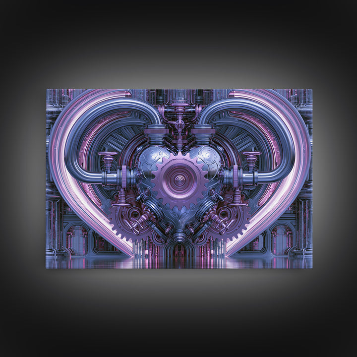 Gear Heart with Pipes and Valves Framed Canvas Print, Steampunk Art, Retro Decor, Living Room Decor, Fine Art, Mechanic, STE-3x2-24