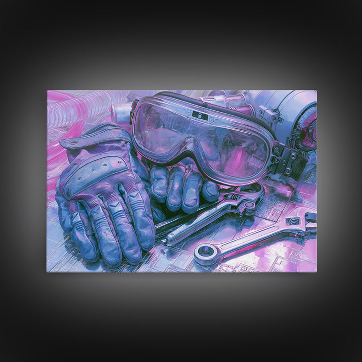Goggles Gloves and Wrench Still Life Framed Canvas Print, Steampunk Art, Gallery Decor, Living Room Decor, Fine Art, Mechanic, STE-3x2-27