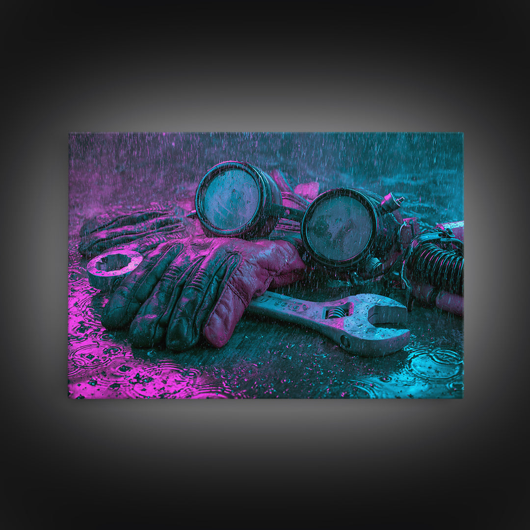 Goggles Gloves and Wrench Still Life Canvas Print, Steampunk Art, Retro Decor, Living Room Decor, Fine Art, Mechanic, STE-3x2-3