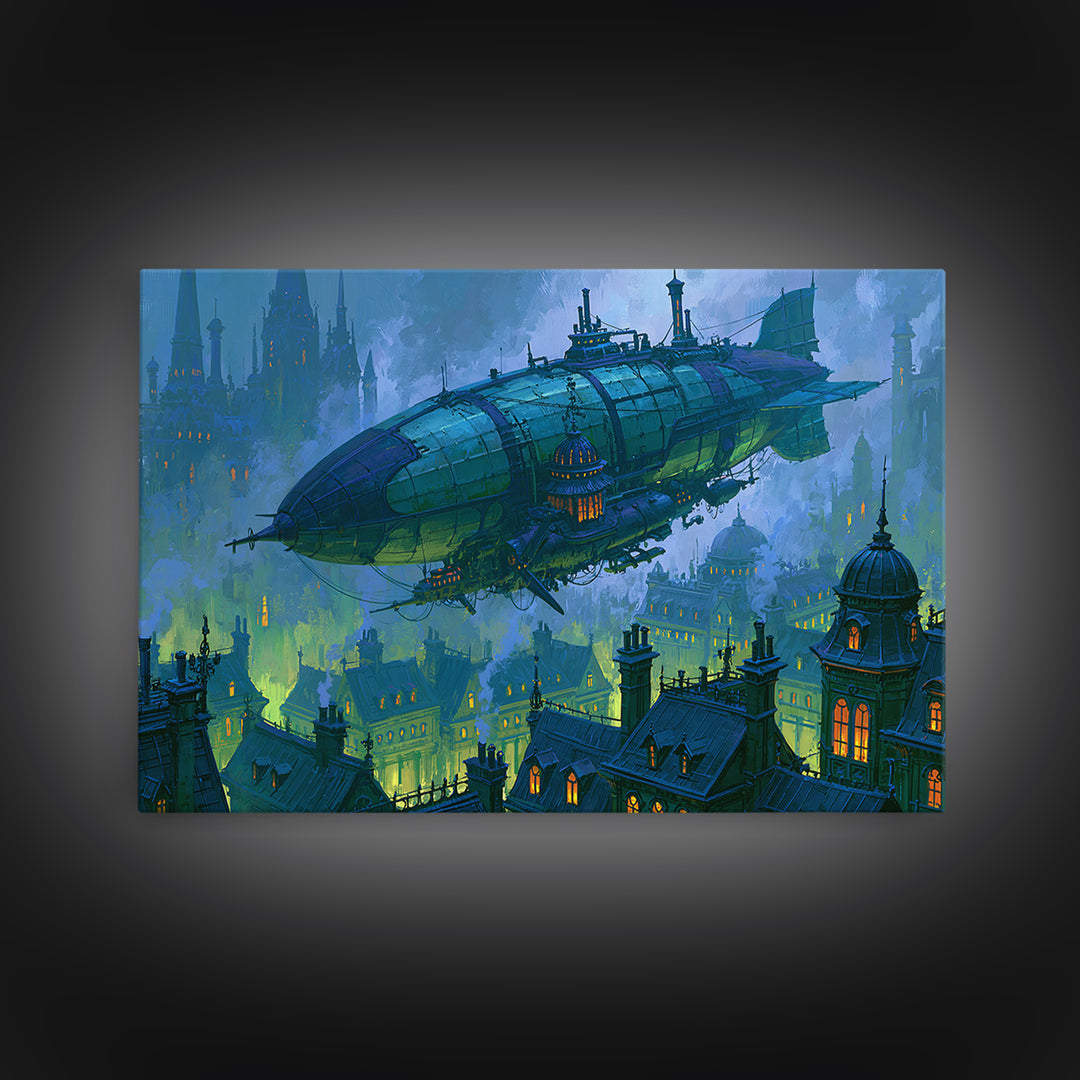 Airship Floating Above Victorian City Roofs Canvas Print, Steampunk Art, Modern Art, Living Room Decor, Fine Art, Mechanic, STE-3x2-30
