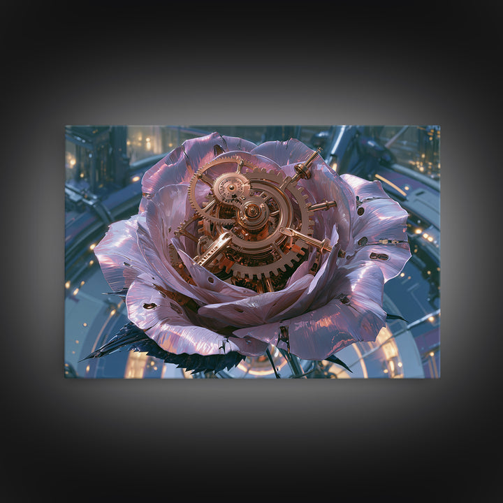 Mechanical Rose Made of Copper Gears Framed Canvas Print, Steampunk Art, Statement Artwork, Living Room Decor, Mechanic, STE-3x2-31