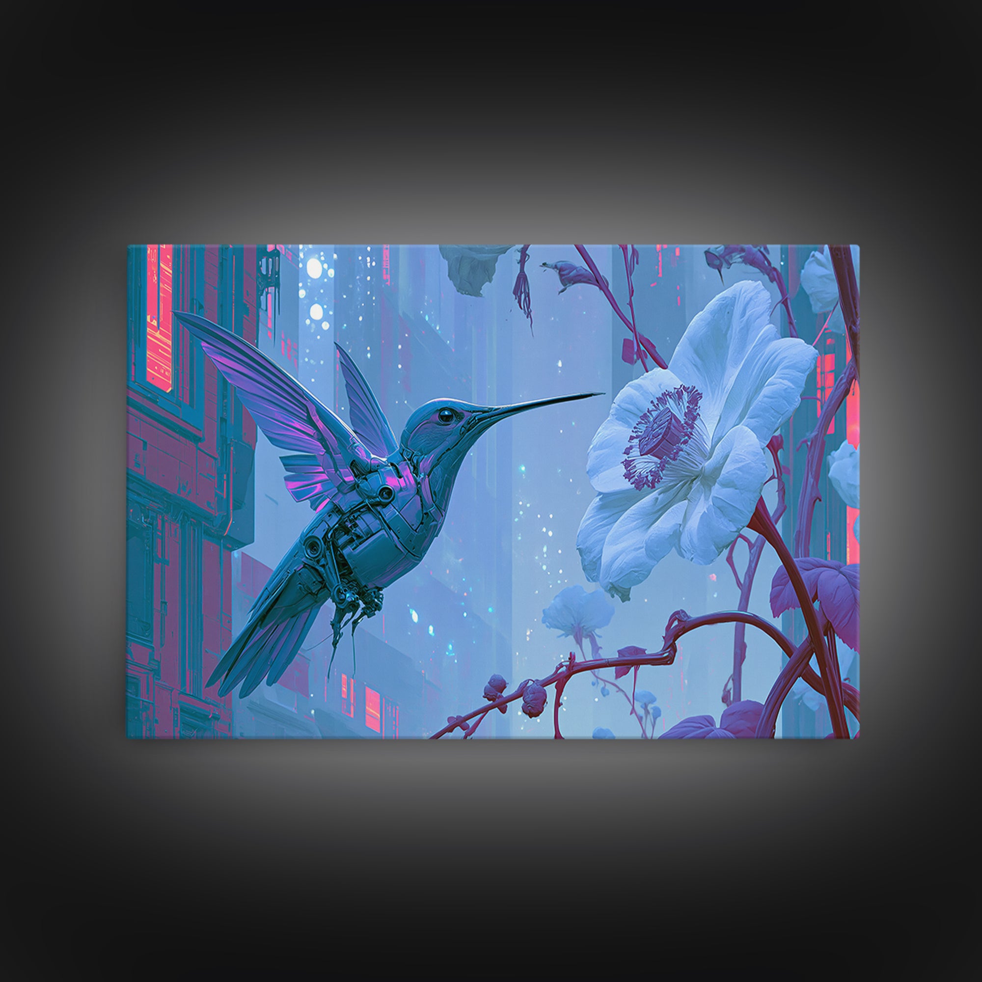 Mechanical Hummingbird Hovering Near Flower Canvas Print, Steampunk Art, Dark Art, Living Room Decor, Watercolor Art, Mechanic, STE-3x2-37
