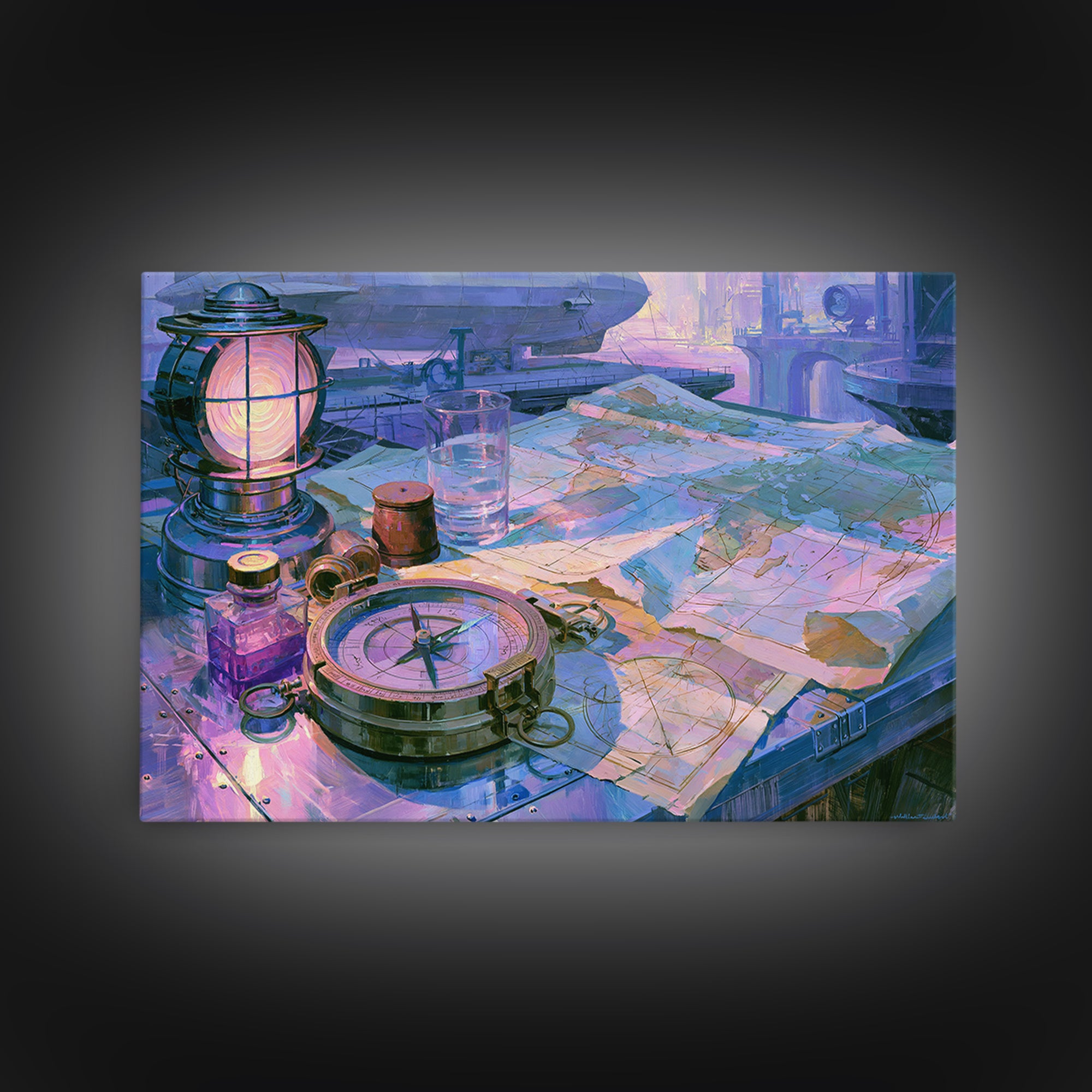 Airship Captain Map and Compass Still Life Canvas Print, Steampunk Art, Wall Art Living Room, Living Room Decor, Mechanic, STE-3x2-46