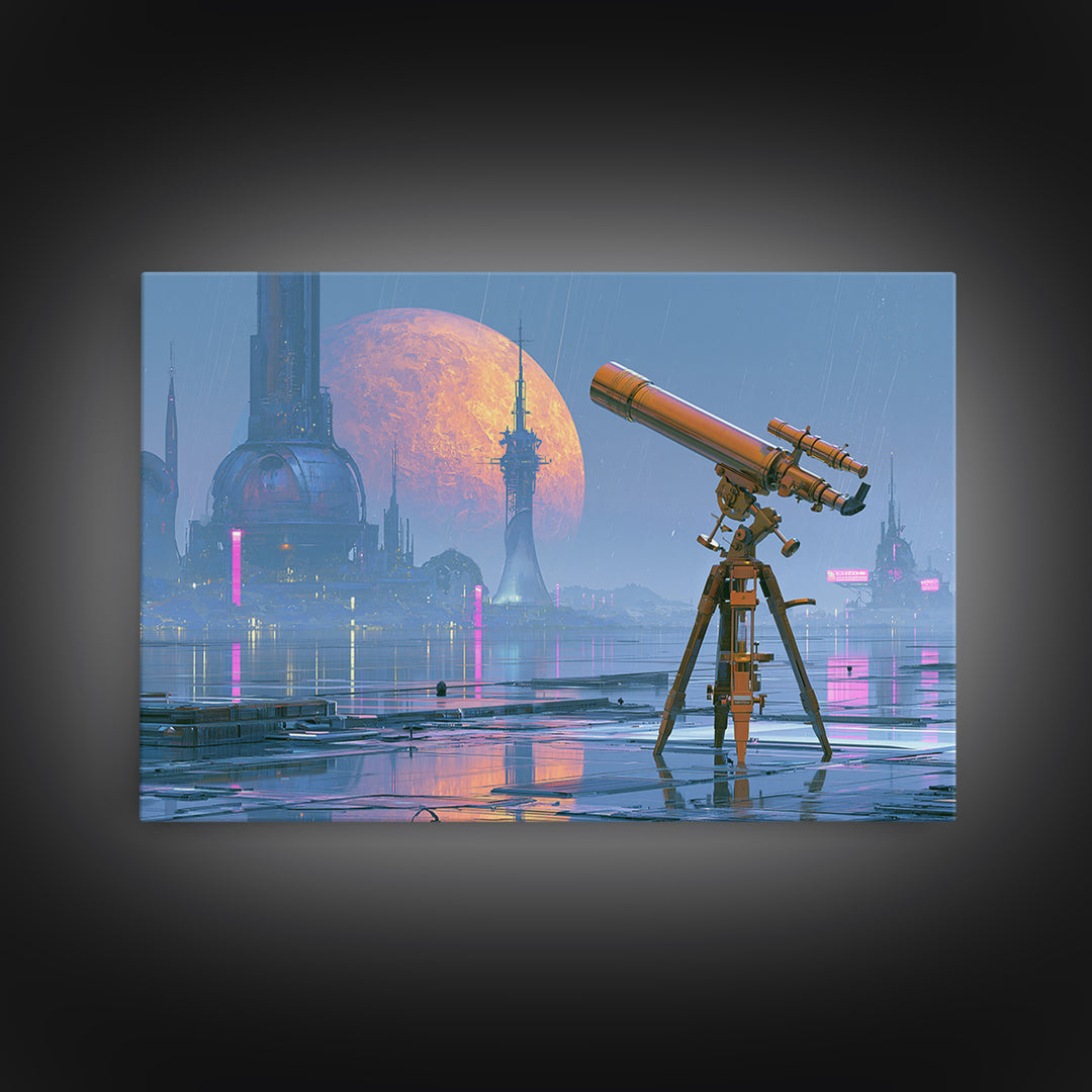 Brass Telescope Aimed at Copper Moon Canvas Print, Steampunk Art, Steampunk Lamp, Living Room Decor, Abstract Art, Mechanic, STE-3x2-52