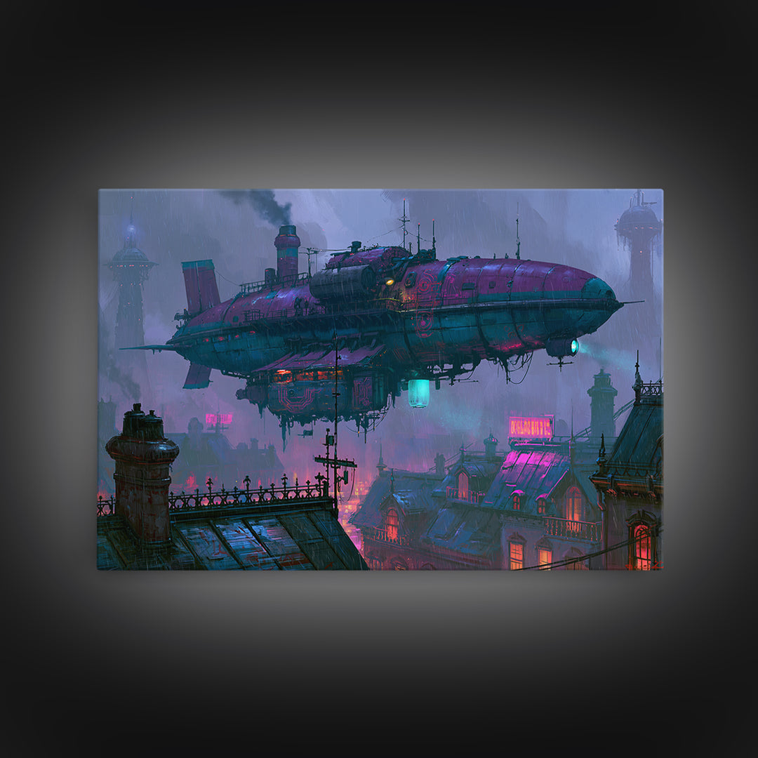 Airship Floating Above Victorian City Roofs Canvas Print, Steampunk Art, Modern Art, Living Room Decor, Fine Art, Mechanic, STE-3x2-54