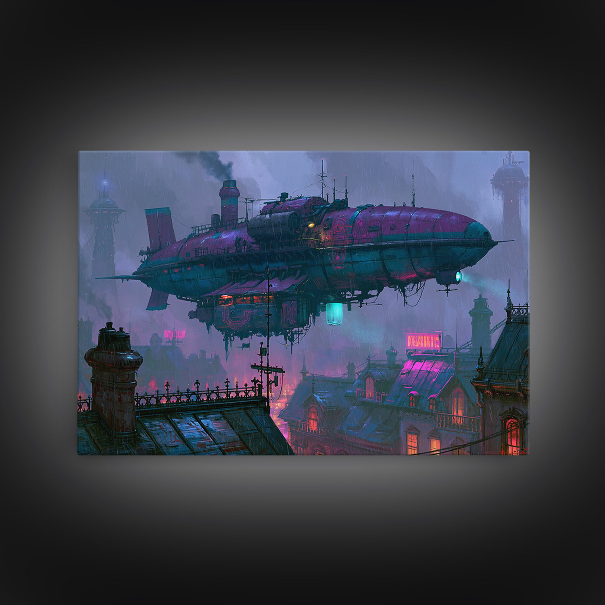 Airship Floating Above Victorian City Roofs Canvas Print, Steampunk Art, Modern Art, Living Room Decor, Fine Art, Mechanic, STE-3x2-54
