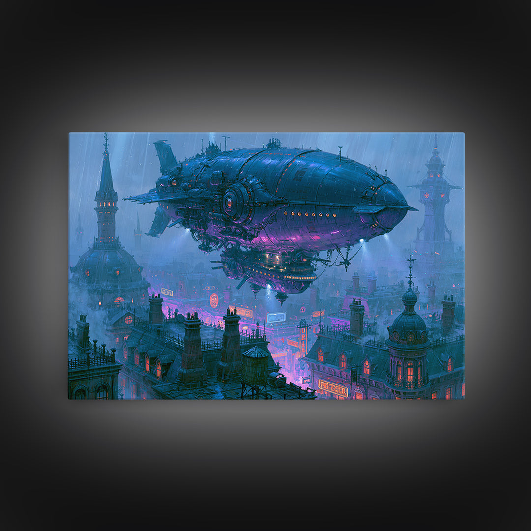 Airship Floating Above Victorian City Roofs Framed Canvas Print, Steampunk Art, Boho Wall Art, Living Room Decor, Mechanic, STE-3x2-6