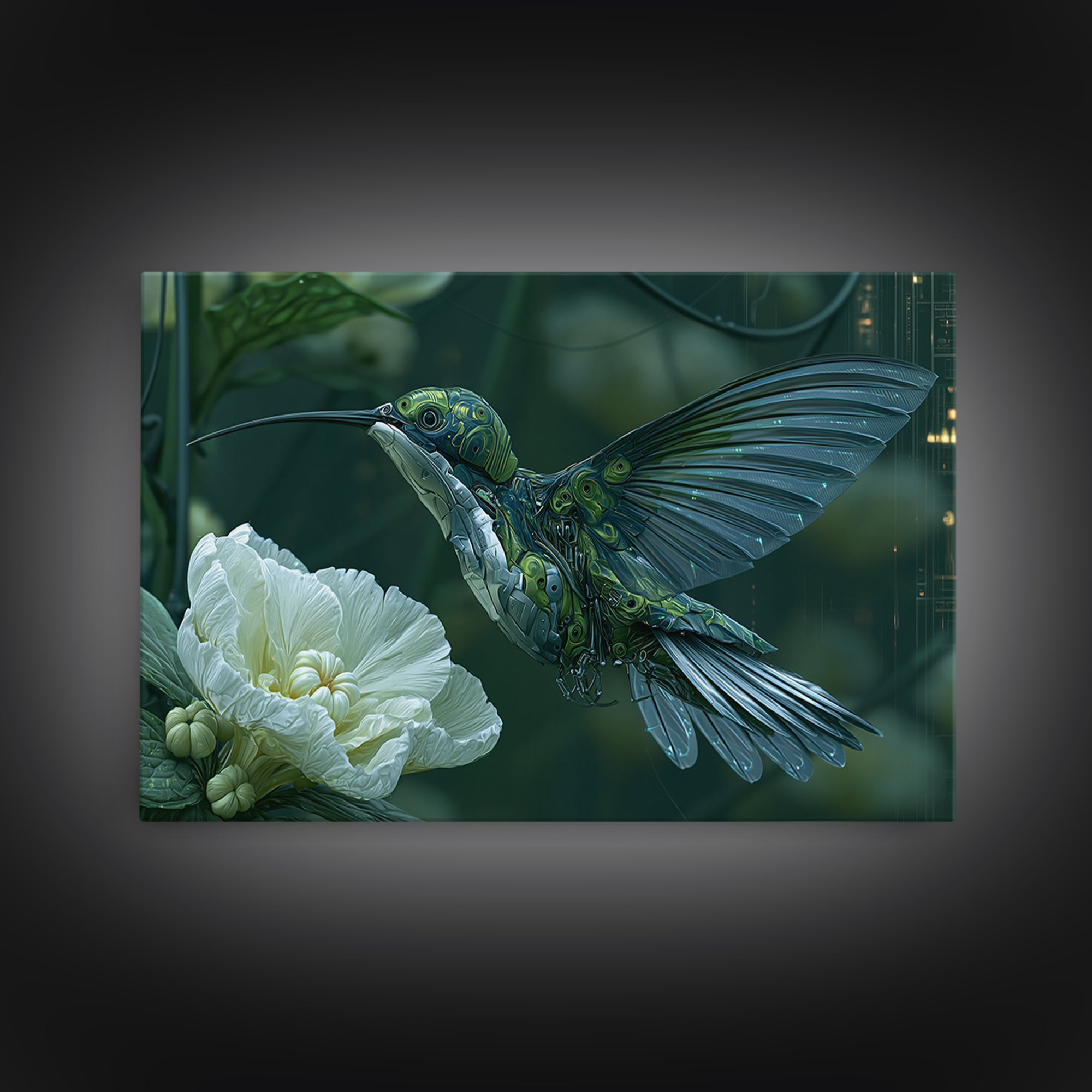 Mechanical Hummingbird Hovering Near Flower Canvas Print, Steampunk Art, Dark Art, Living Room Decor, Watercolor Art, Mechanic, STE-3x2-61