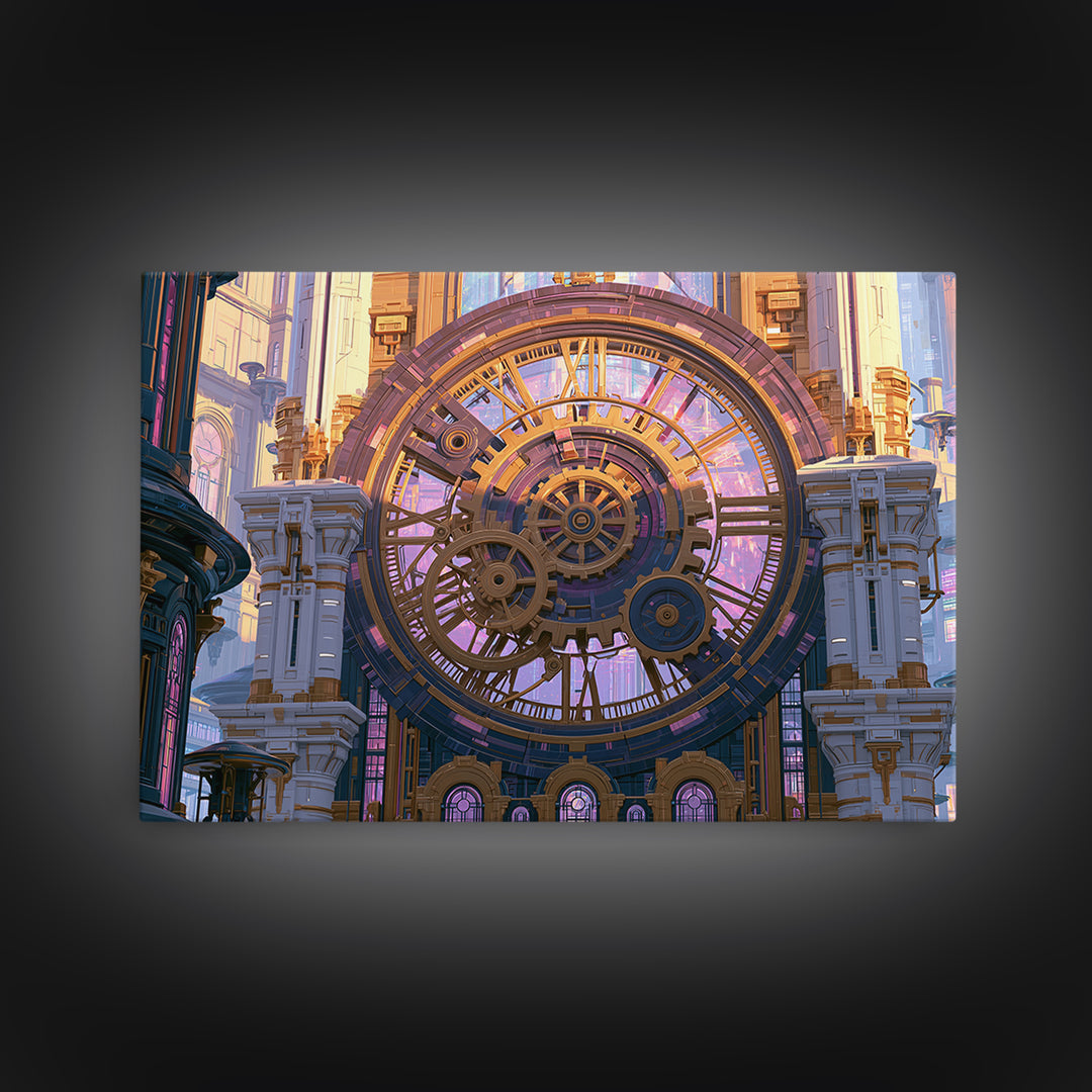 Clock Tower Gears Framed Canvas Print, Steampunk Art, Abstract Art Print, Living Room Decor, Watercolor Art, Mechanic, STE-3x2-65