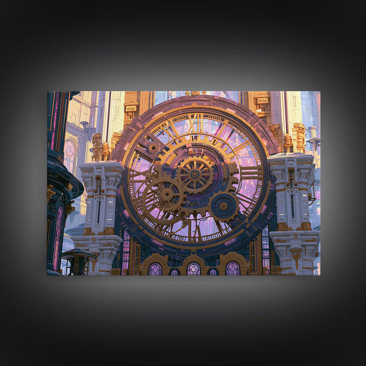 Clock Tower Gears Framed Canvas Print, Steampunk Art, Abstract Art Print, Living Room Decor, Watercolor Art, Mechanic, STE-3x2-65