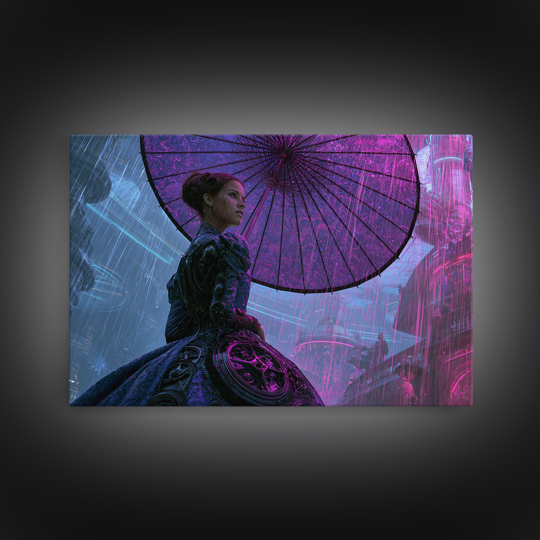 Victorian Lady with Clockwork Dress Details Framed Canvas Print, Steampunk Art, Gallery Decor, Living Room Decor, Mechanic, STE-3x2-69