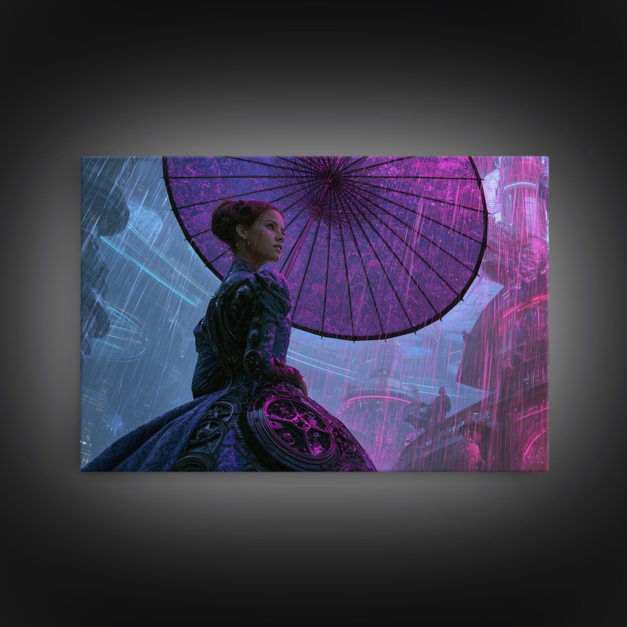 Victorian Lady with Clockwork Dress Details Framed Canvas Print, Steampunk Art, Gallery Decor, Living Room Decor, Mechanic, STE-3x2-69