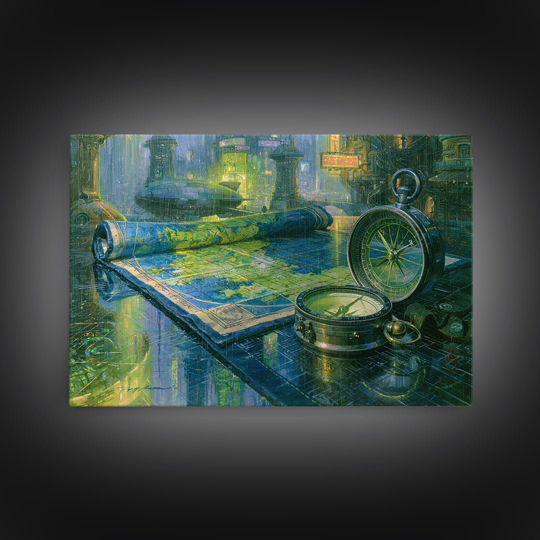 Airship Captain Map and Compass Still Life Canvas Print, Steampunk Art, Wall Art Living Room, Living Room Decor, Mechanic, STE-3x2-70