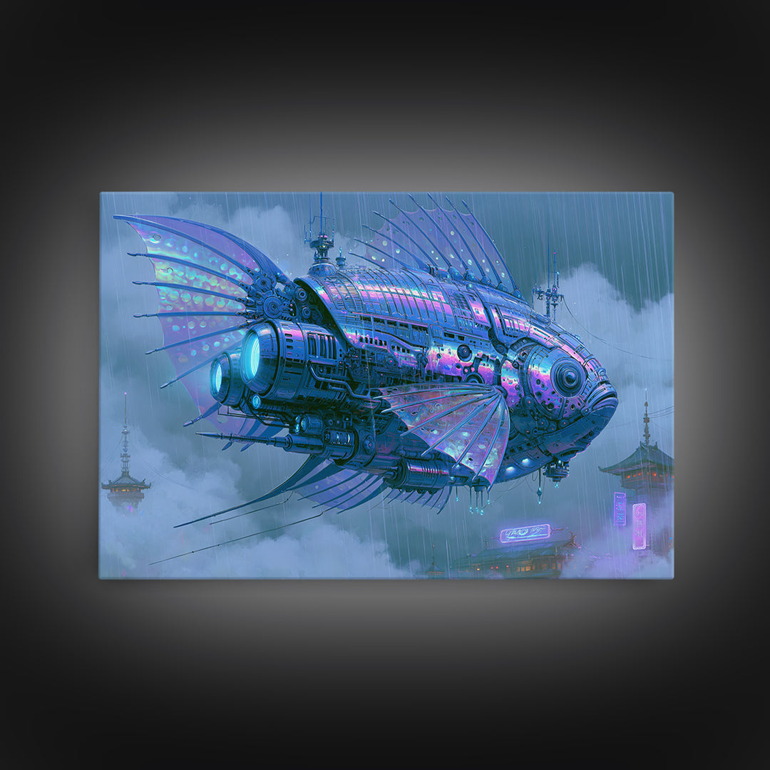 Mechanical Fish Swimming Through Clouds Framed Canvas Print, Steampunk Art, Cat Art, Living Room Decor, Oil Painting, Mechanic, STE-3x2-74