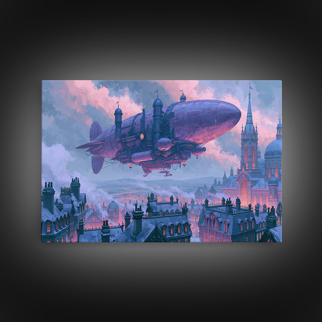 Airship Floating Above Victorian City Roofs Framed Canvas Print, Steampunk Art, Man Cave Decor, Living Room Decor, Mechanic, STE-3x2-78