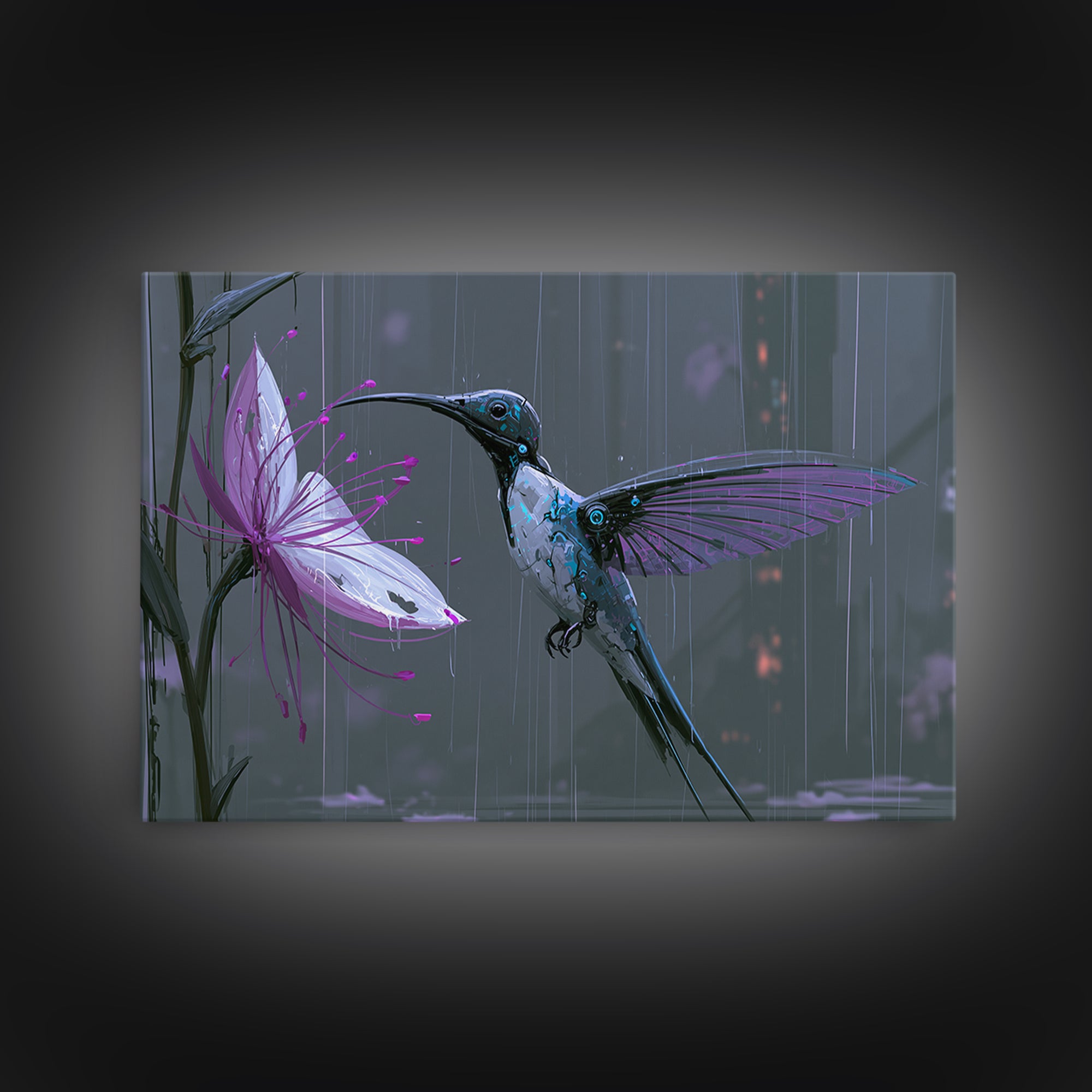 Mechanical Hummingbird Hovering Near Flower Framed Canvas Print, Steampunk Art, Statement Artwork, Living Room Decor, Mechanic, STE-3x2-85
