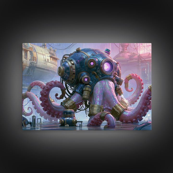Steampunk Octopus with Brass Tentacles Framed Canvas Print, Steampunk Art, Modern Art, Living Room Decor, Fine Art, Mechanic, STE-3x2-9