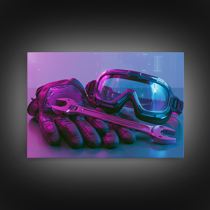 Goggles Gloves and Wrench Still Life Framed Canvas Print, Steampunk Art, Abstract Art, Living Room Decor, Fine Art, Mechanic, STE-3x2-99