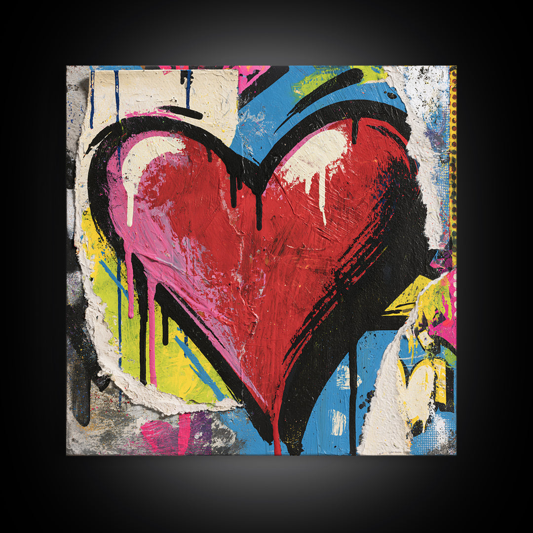 Neon Heart with Rough Drips Framed Canvas Print, Street Art, Abstract Art, Living Room Decor, Fine Art, Urban, Anime Art, STR-1x1-11