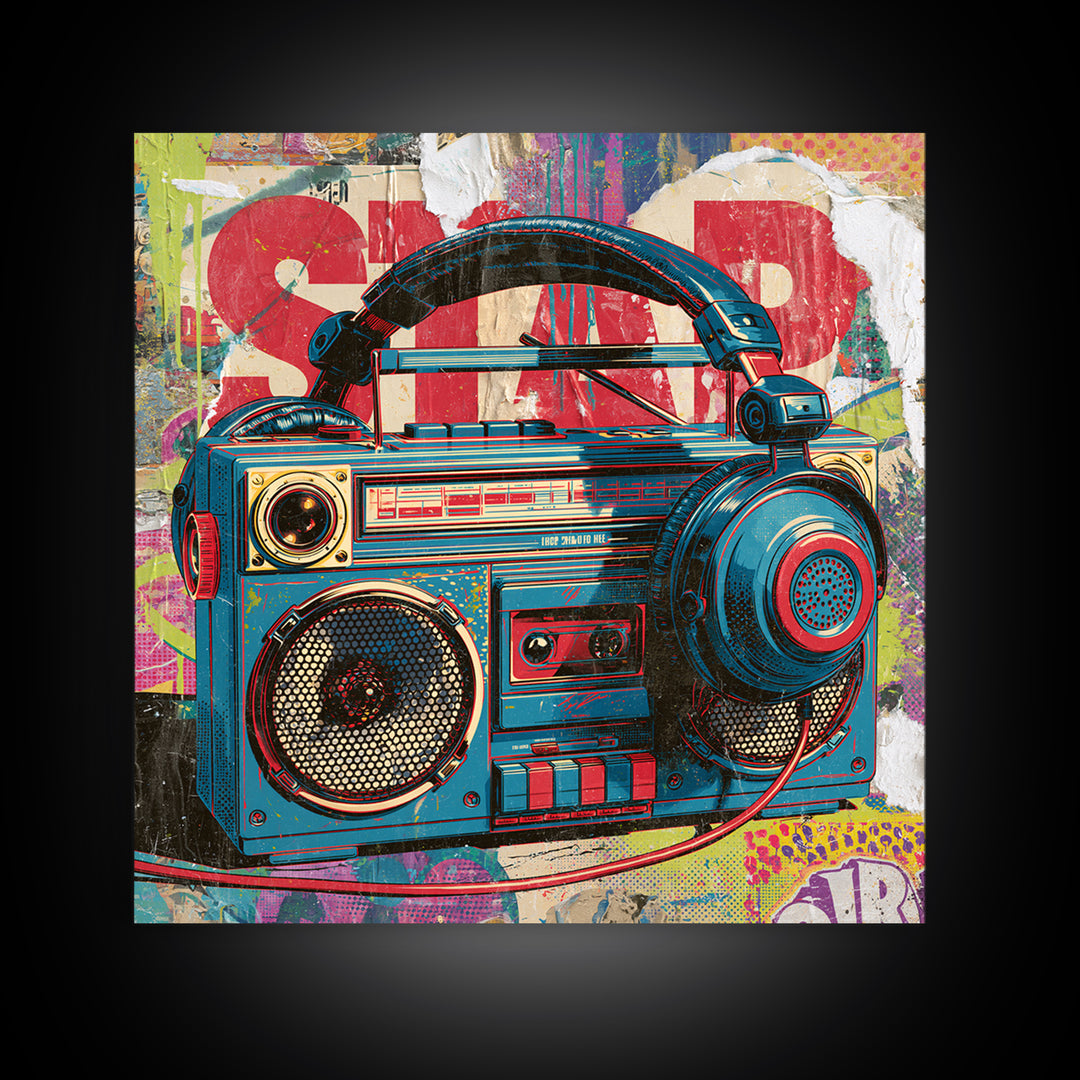 Boombox and Headphones Framed Canvas Print, Street Art, Textured Painting, Living Room Decor, Abstract Art, Urban, STR-1x1-33