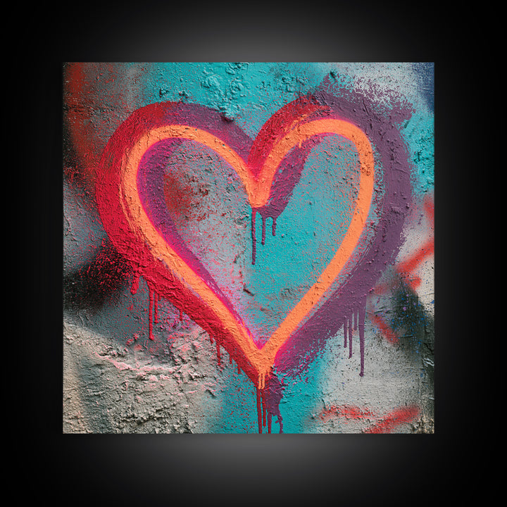 Neon Heart with Rough Drips Canvas Print, Street Art, Modern Art, Living Room Decor, Urban, Neutral Decor, Modern Decor, STR-1x1-35
