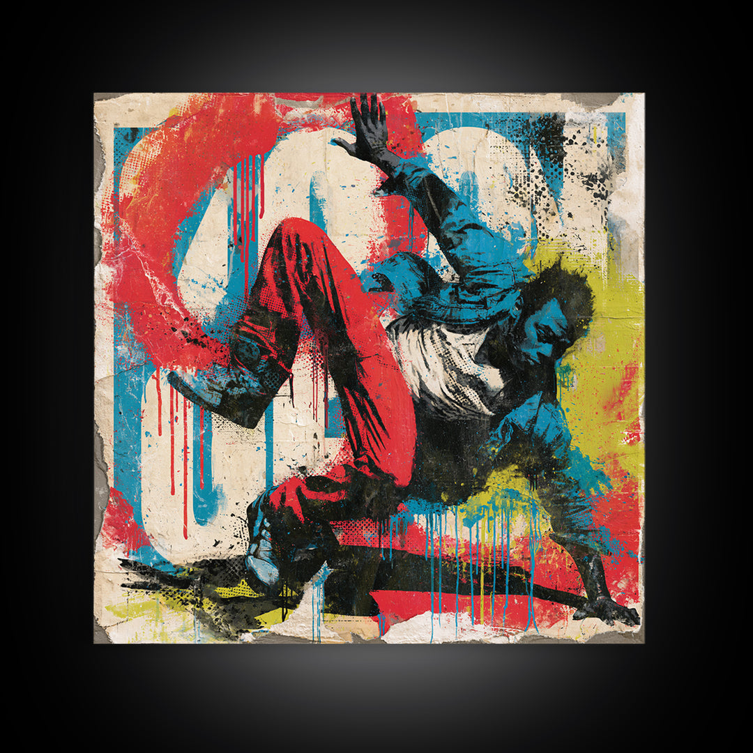 Breakdancer Frozen in Energetic Motion Framed Canvas Print, Street Art, Anime Art, Living Room Decor, Abstract Art, Urban, STR-1x1-42