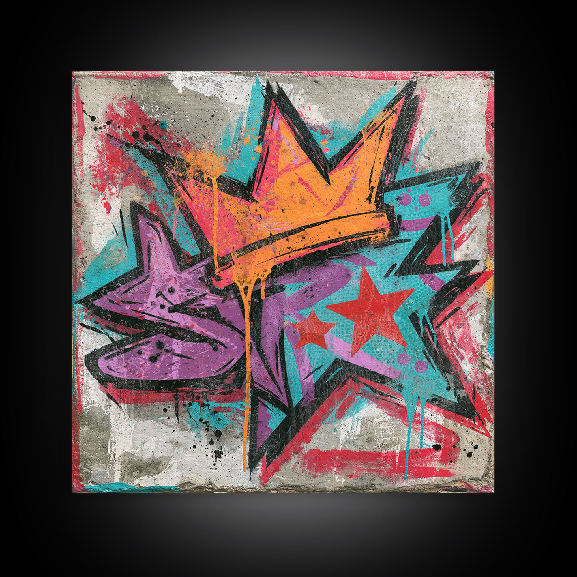 Drippy Crown and Stars Composition Framed Canvas Print, Street Art, Artwork, Living Room Decor, Fine Art, Urban, Pop Art, STR-1x1-44
