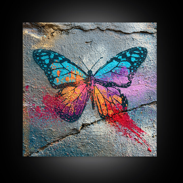 Spray Painted Butterfly on Cracked Concrete Framed Canvas Print, Street Art, Modern Wall Art, Living Room Decor, Urban, STR-1x1-47