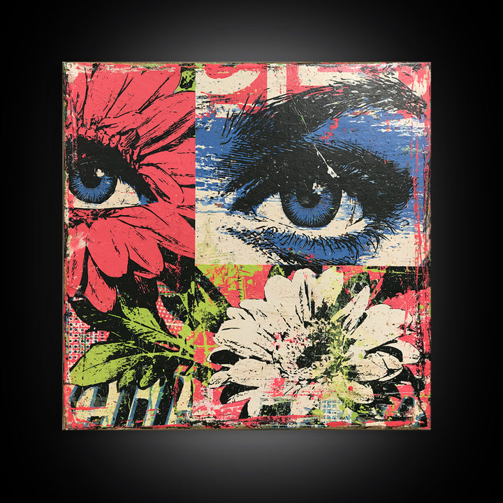 Paste Up Collage of Flowers and Eyes Framed Canvas Print, Street Art, Graffiti Art, Living Room Decor, Fine Art, Urban, STR-1x1-58