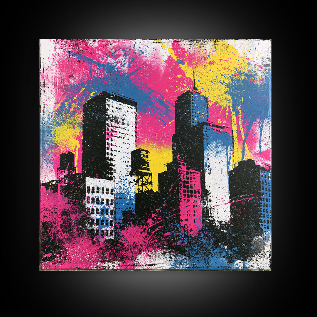 Urban Skyline Made from Stencil Layers Framed Canvas Print, Street Art, Gallery Decor, Living Room Decor, Fine Art, Urban, STR-1x1-62