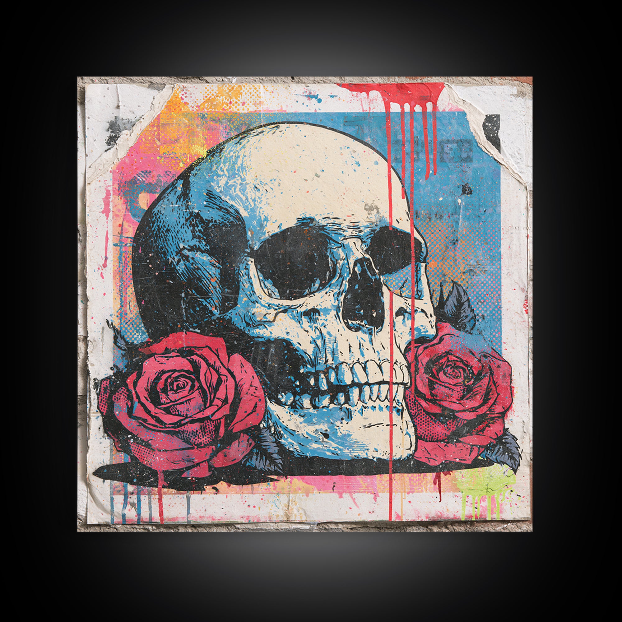 Skull with Roses in Street Mural Style Framed Canvas Print, Street Art, Abstract Painting, Living Room Decor, Fine Art, Urban, STR-1x1-64