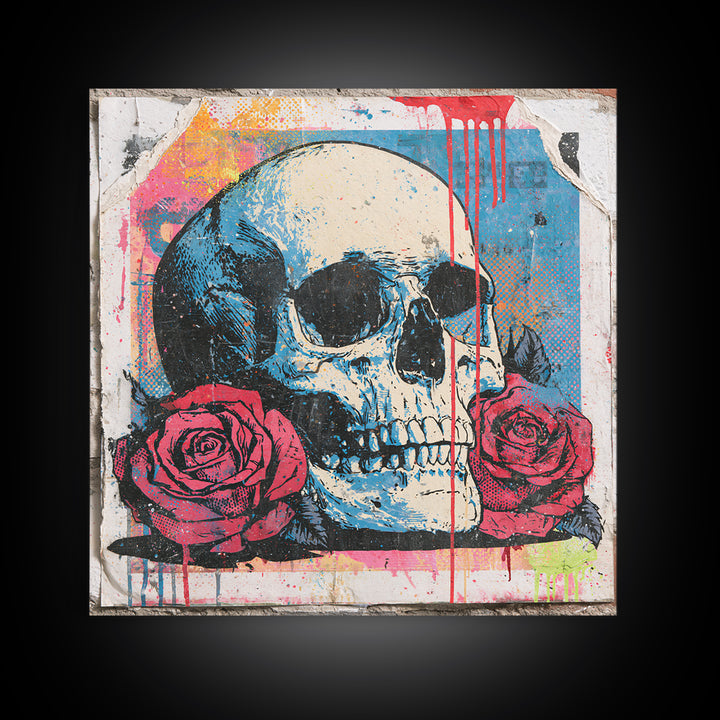 Skull with Roses in Street Mural Style Framed Canvas Print, Street Art, Abstract Painting, Living Room Decor, Fine Art, Urban, STR-1x1-64