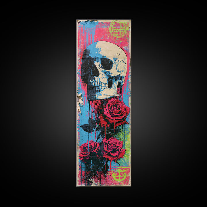 Skull with Roses in Street Mural Style Framed Canvas Print, Street Art, Large Wall Art, Living Room Decor, Fine Art, Urban, STR-1x3-52