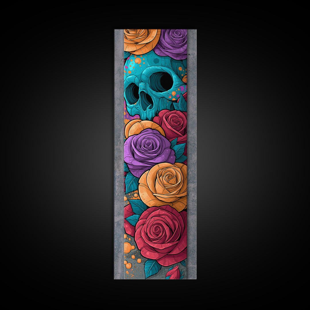 Skull with Roses in Street Mural Style Framed Canvas Print, Street Art, Bar Art, Living Room Decor, Oil Painting, Urban, STR-1x3-76