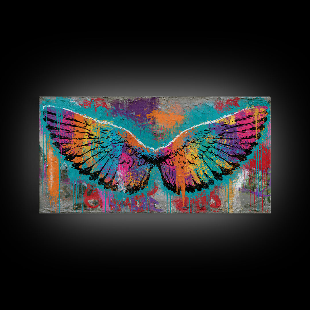 Graffiti Angel Wings Framed Canvas Print, Street Art, Canvas, Living Room Decor, Fine Art, Urban, Colorful Wall Art, Bar Art, STR-2x1-1