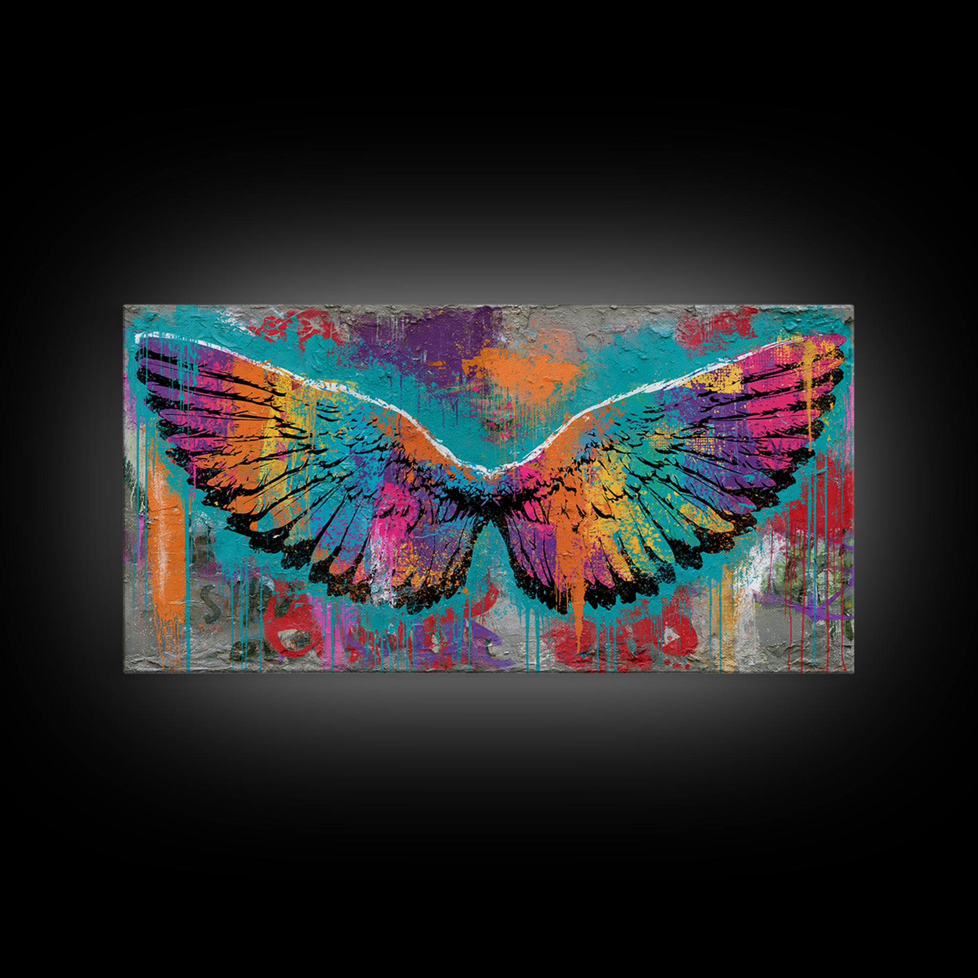Graffiti Angel Wings Framed Canvas Print, Street Art, Canvas, Living Room Decor, Fine Art, Urban, Colorful Wall Art, Bar Art, STR-2x1-1