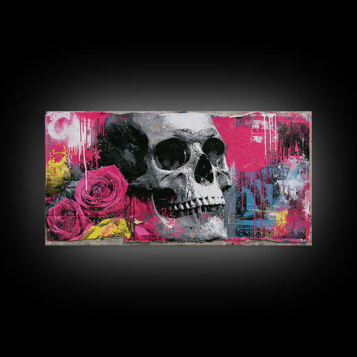 Skull with Roses in Street Mural Style Framed Canvas Print, Street Art, Art Print, Living Room Decor, Fine Art, Urban, STR-2x1-12