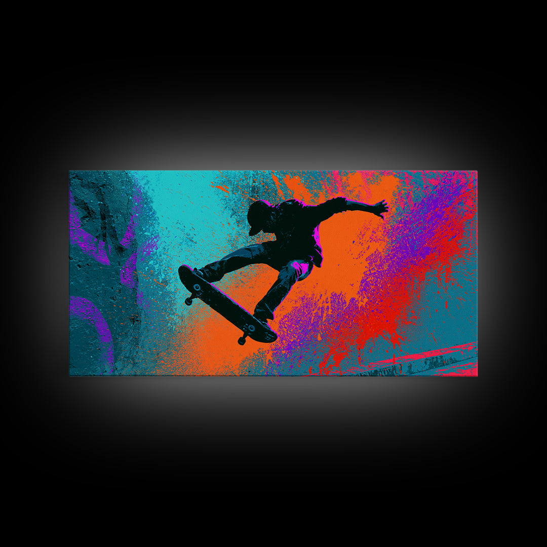 Skateboarder Silhouette over Neon Splashes Framed Canvas Print, Street Art, Living Room Decor, Watercolor Art, Urban, STR-2x1-23