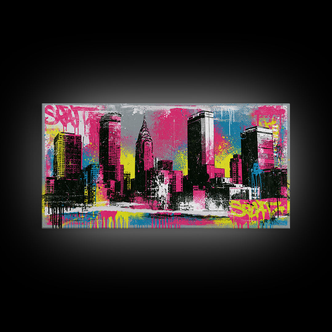 Urban Skyline Made from Stencil Layers Framed Canvas Print, Street Art, Minimalist Decor, Living Room Decor, Abstract Art, STR-2x1-34