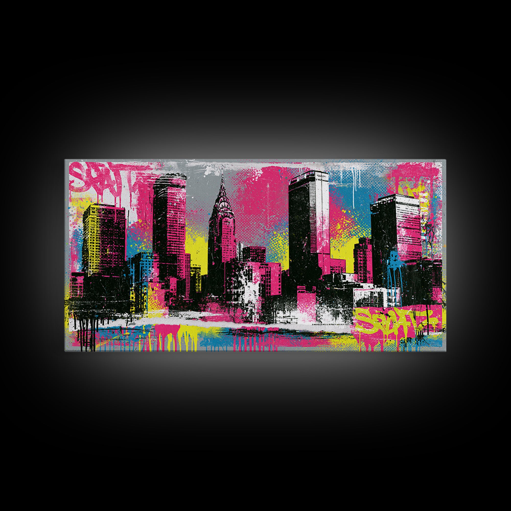 Urban Skyline Made from Stencil Layers Framed Canvas Print, Street Art, Minimalist Decor, Living Room Decor, Abstract Art, STR-2x1-34