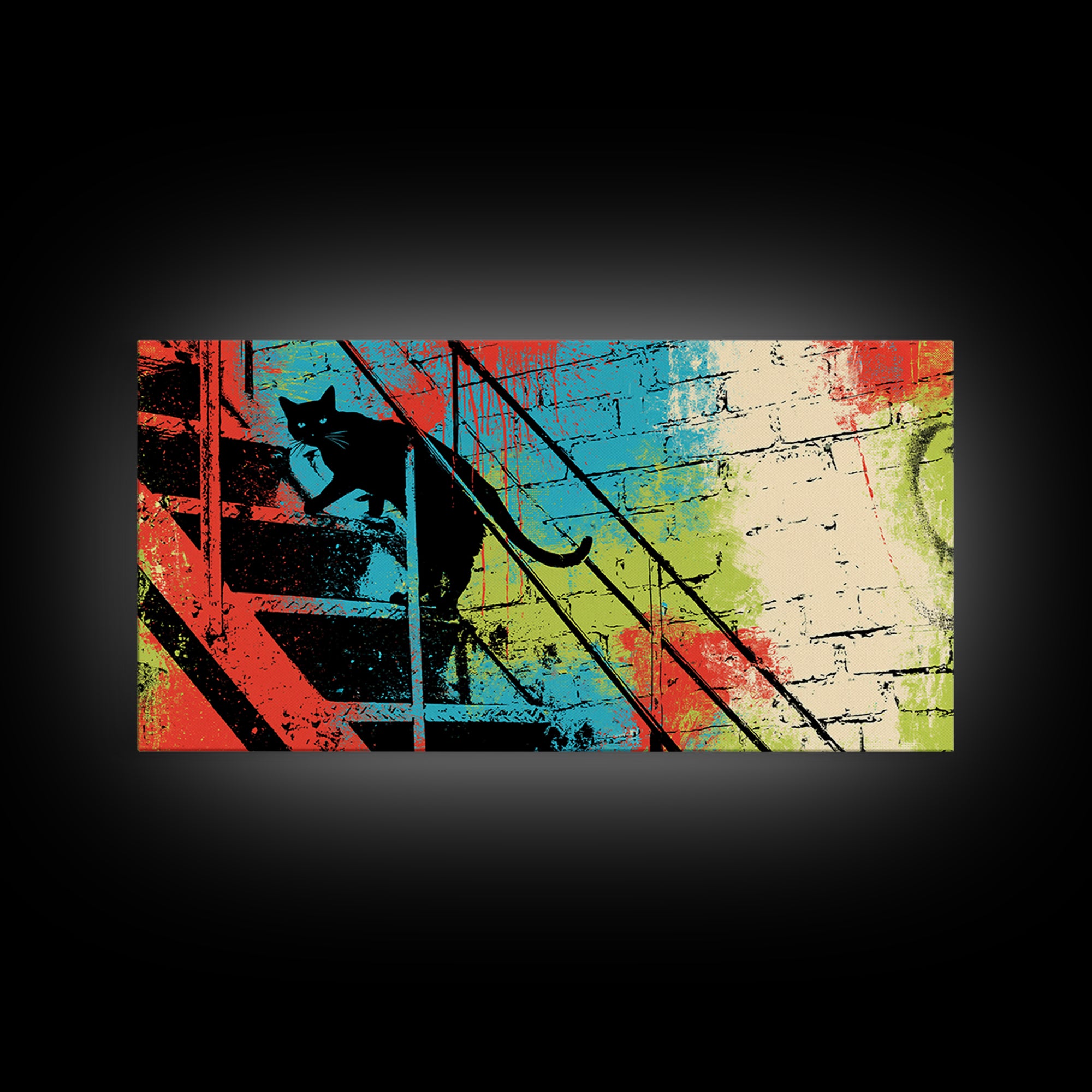 Black Cat on Fire Escape Silhouette Canvas Print, Street Art, Wall Hangings, Living Room Decor, Oil Painting, Urban, Modern Art, STR-2x1-39
